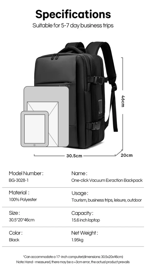 BANGE One-click Vacuum Compression Travel Backpack with TSA Lock