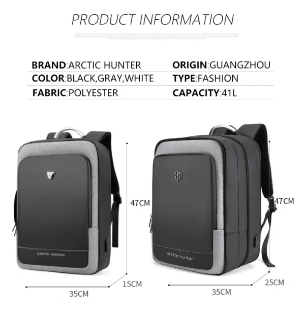 H3b6ef29aabd843858d30d27991f51078Z ARCTIC HUNTER 40L Large Capacity Mens Expandable Backpacks USB Charging Male 17 inch Customizable Waterproof Business Travel Bag